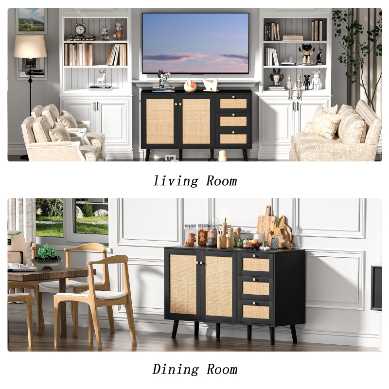 Anmytek Rattan Cabinet, Black Sideboard Buffet Cabinet with 2 Doors and 3 Drawers, Sideboard with Storage Wood Credenza Storage Cabinet for Living Room Dining Room Hallway Kitchen