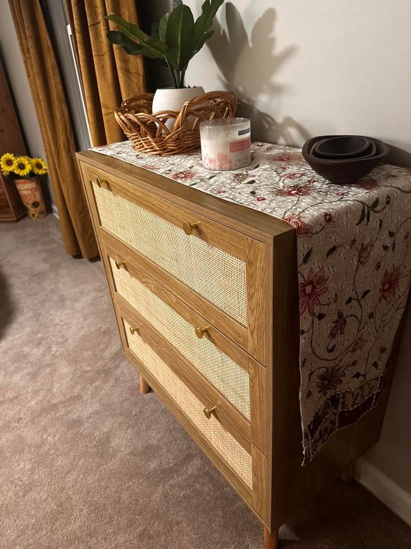 Anmytek Dresser for Bedroom with 3 Drawers Rattan Dresser