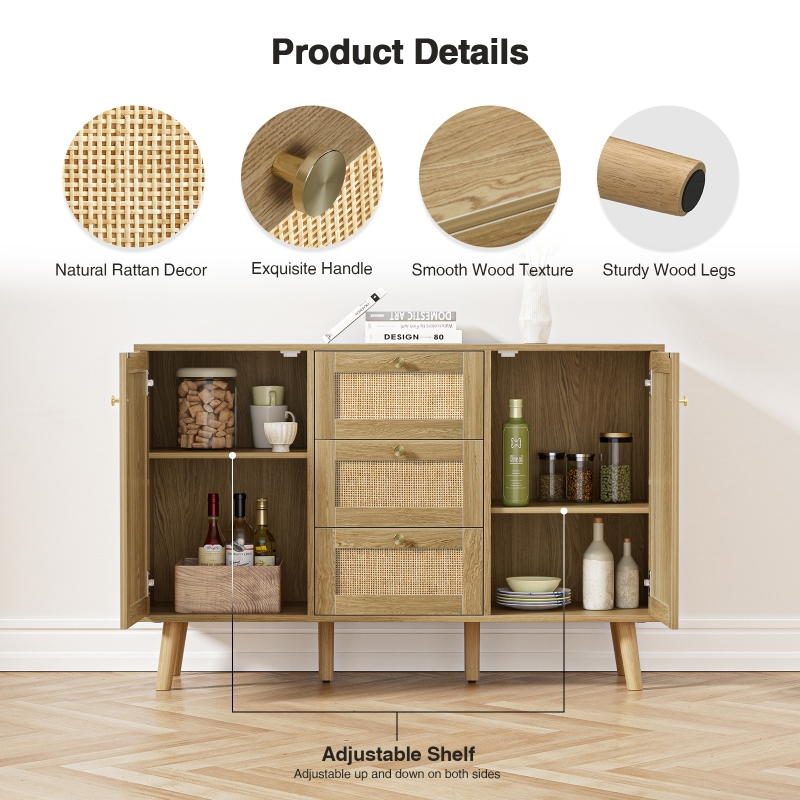 Anmytek Storage Cabinet, Rattan Sideboard Cabinet, Kitchen Cabinet with Drawers and Shelves, Farmhouse Coffee Bar Pantry Cabinets with Storage for Dining Room, Living Room