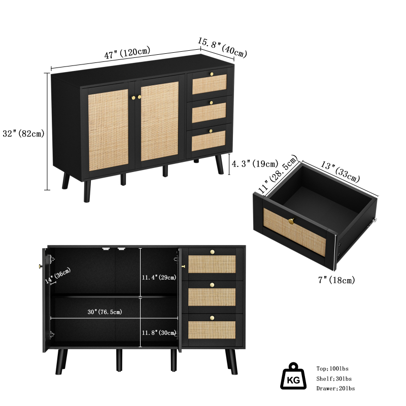 Anmytek Rattan Cabinet, Black Sideboard Buffet Cabinet with 2 Doors and 3 Drawers, Sideboard with Storage Wood Credenza Storage Cabinet for Living Room Dining Room Hallway Kitchen