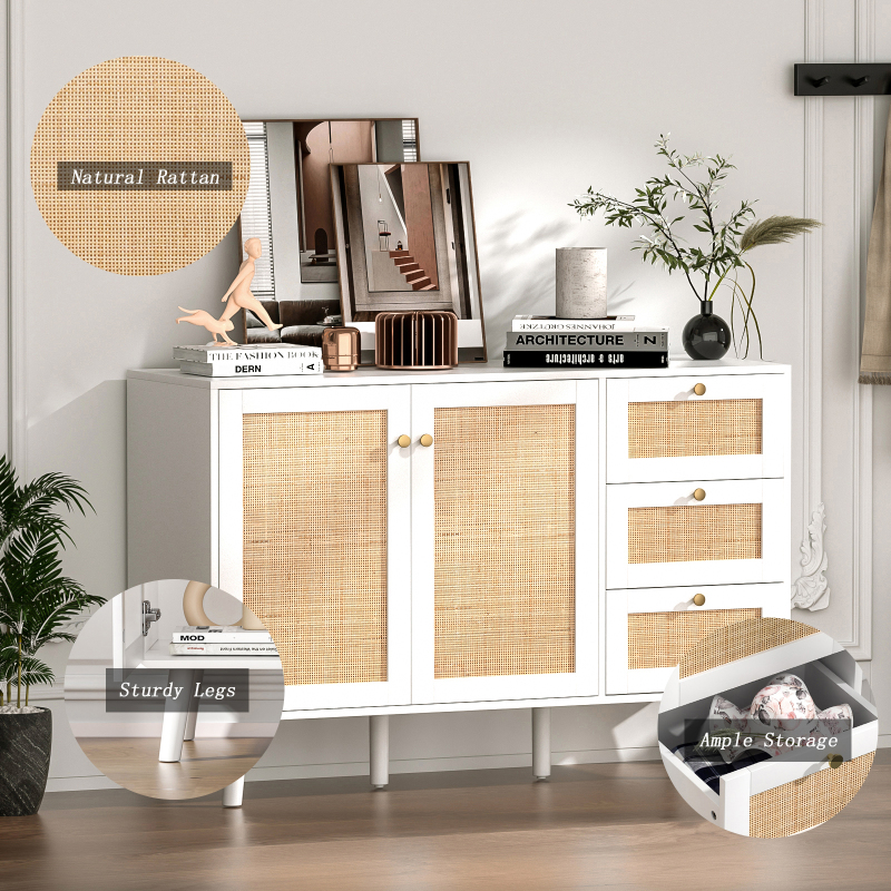 Anmytek Rattan Storage Cabinet, White Sideboard Buffet Cabinet with 2 Doors and 3 Drawers, Sideboard with Storage Wood Credenza Cabinet for Living Room Dining Room Hallway Kitchen