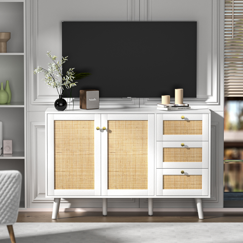 Anmytek Rattan Storage Cabinet, White Sideboard Buffet Cabinet with 2 Doors and 3 Drawers, Sideboard with Storage Wood Credenza Cabinet for Living Room Dining Room Hallway Kitchen