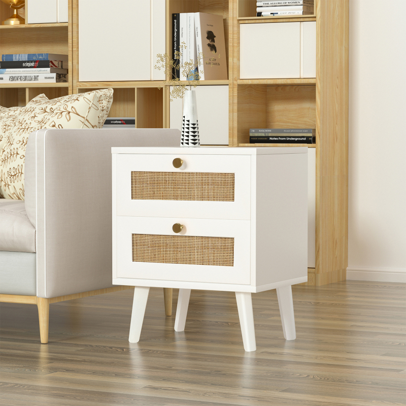 Anmytek White Nightstand, Farmhouse Rattan Nightstand Wood Bedside Table with 2 Drawers Mid Century Modern Nightstand End Table for Living Room Dorm