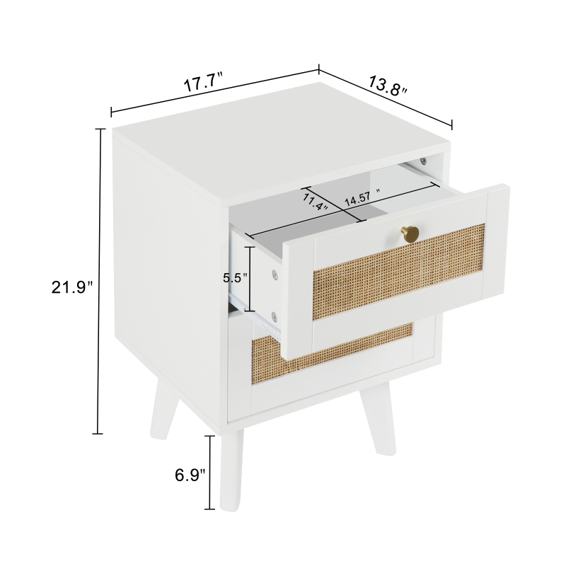Anmytek Nightstand, Farmhouse Rattan Nightstand Wood Bedside Table with 2 Drawers Mid Century Modern Nightstand End Table for Bedroom Living Room Dorm