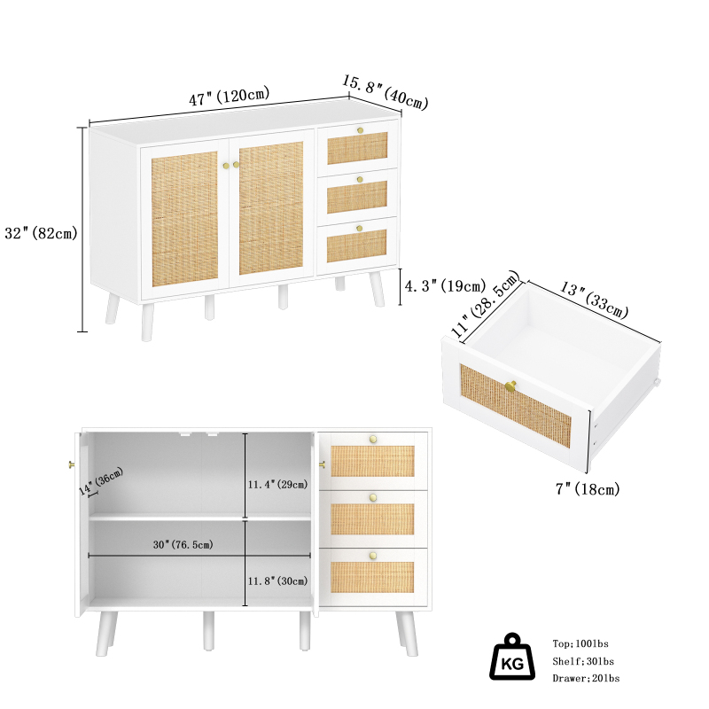 Anmytek Rattan Storage Cabinet, White Sideboard Buffet Cabinet with 2 Doors and 3 Drawers, Sideboard with Storage Wood Credenza Cabinet for Living Room Dining Room Hallway Kitchen