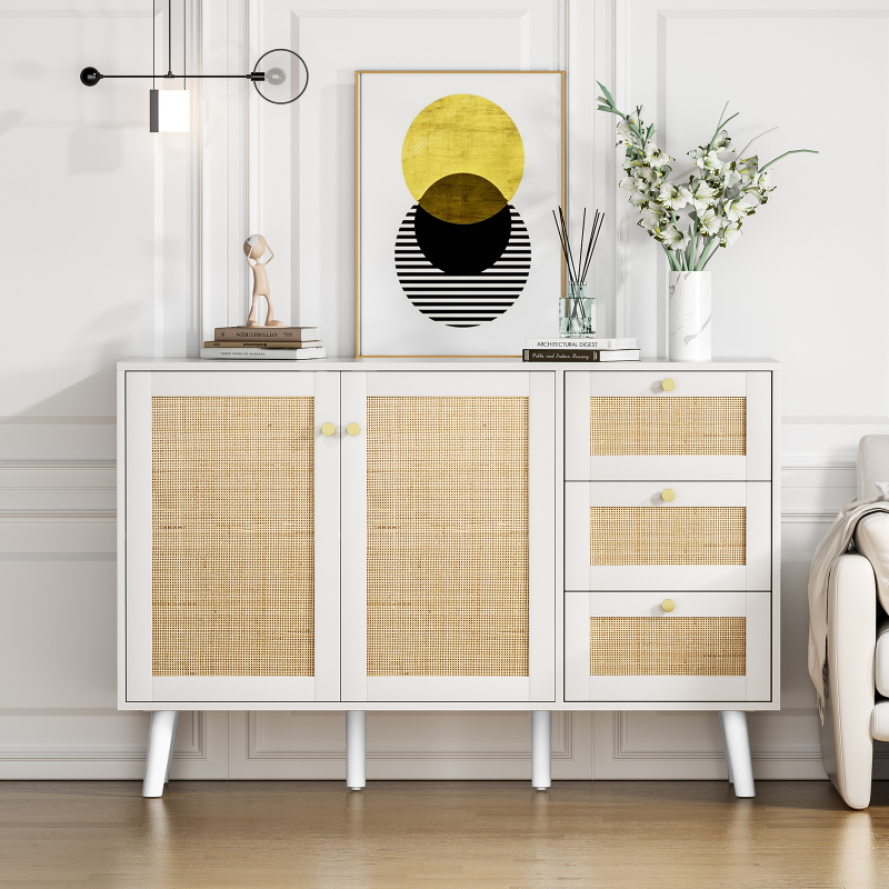 Anmytek Rattan Storage Cabinet, White Sideboard Buffet Cabinet with 2 Doors and 3 Drawers, Sideboard with Storage Wood Credenza Cabinet for Living Room Dining Room Hallway Kitchen