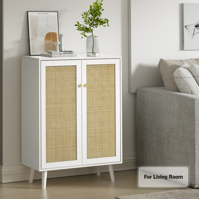 Anmytek Rattan Cabinet,Tall Sideboard Storage Cabinet with Crafted Rattan Front, Entry Cabinet Wood 2 Door Accent Cabinet with Adjustable Shelves