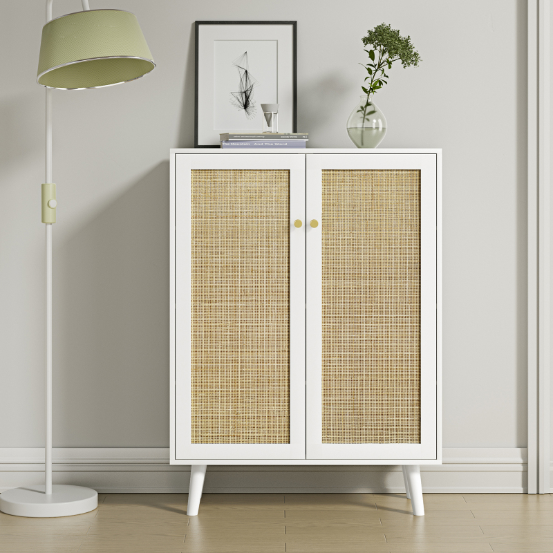 Anmytek Rattan Cabinet,Tall Sideboard Storage Cabinet with Crafted Rattan Front, Entry Cabinet Wood 2 Door Accent Cabinet with Adjustable Shelves