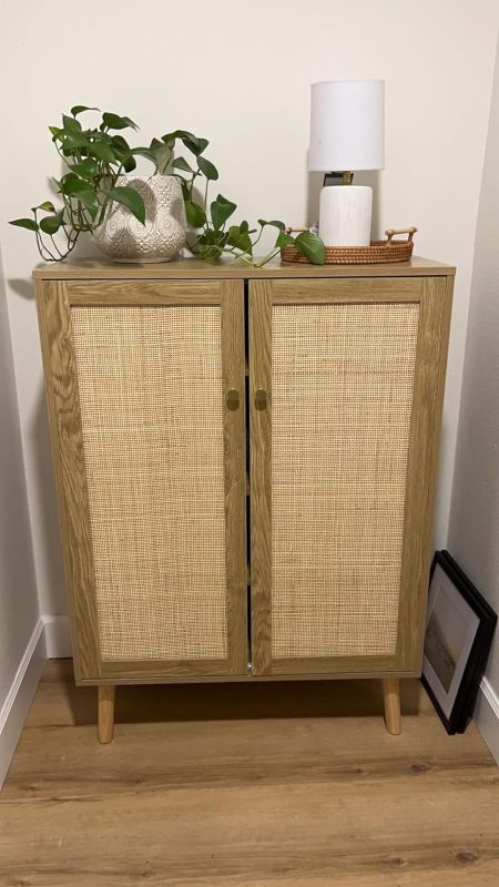 Anmytek Rattan Cabinet,Tall Sideboard Storage Cabinet with Crafted Rattan Front, Entry Cabinet Wood 2 Door Accent Cabinet with Adjustable Shelves