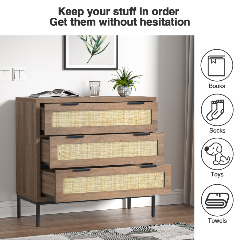 Anmytek 3 Drawer Dresser with Natural Rattan, Large Nightstand for Bedroom, Farmhouse Wood Chest of Drawer with Storage Versatile Bedside Table, Rustic Oak