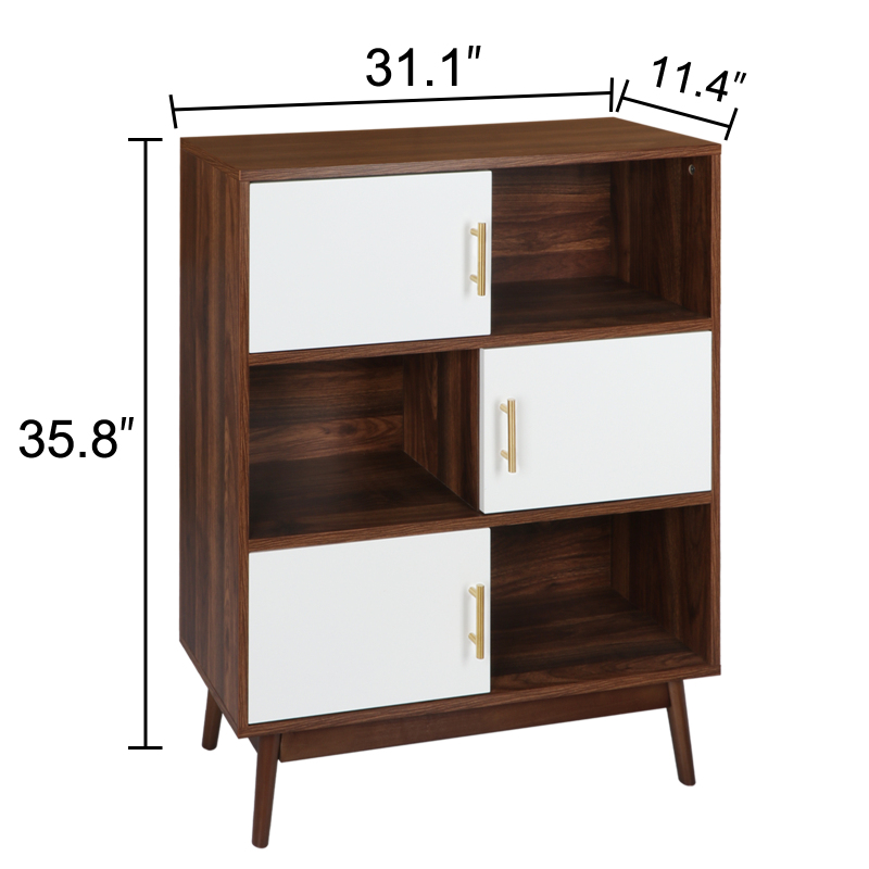 Anmytek Cube Bookcase with Doors and Display Shelves, Mid-Century Modern Bookshelf with Legs, Free Standing Walnut Storage Shelf Open Cabinet for Bedroom, Living Room, Office