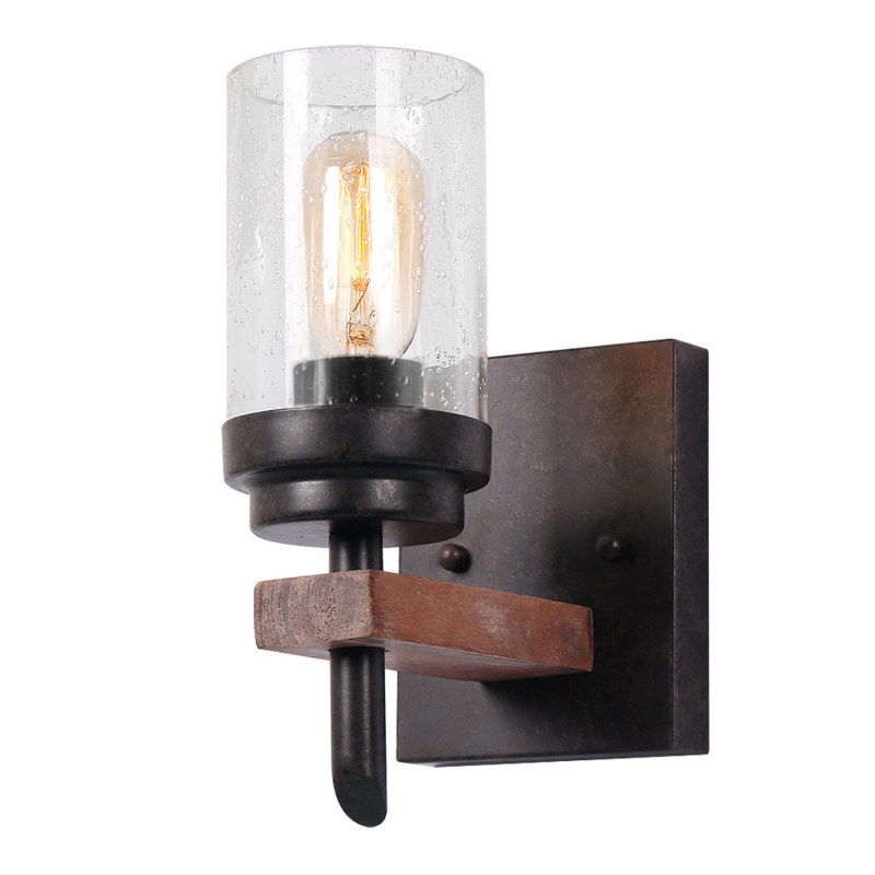 Anmytek Rustic Wall Light Sconce with Seeded Glass Shade, Vintage Edison Metal Wood Wall Lamp Fixture for Entryway Bedroom Bathroom Living Room Bar