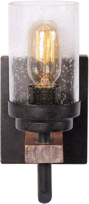 Anmytek Rustic Wall Light Sconce with Seeded Glass Shade, Vintage Edison Metal Wood Wall Lamp Fixture for Entryway Bedroom Bathroom Living Room Bar