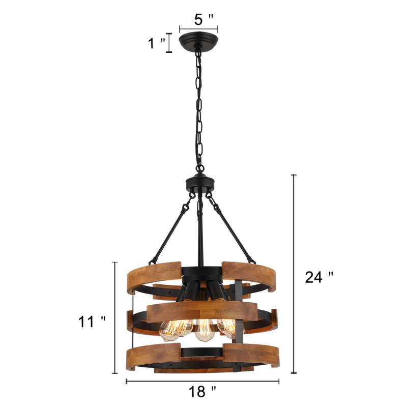 Anmytek 5-Light Round Rustic Chandelier Light Fixture, Farmhouse Hanging Pendant Lighting with 3-Tier Circular Metal Nature Wood Frame Drum Lights for Kitchen Island Entryway Dining Room