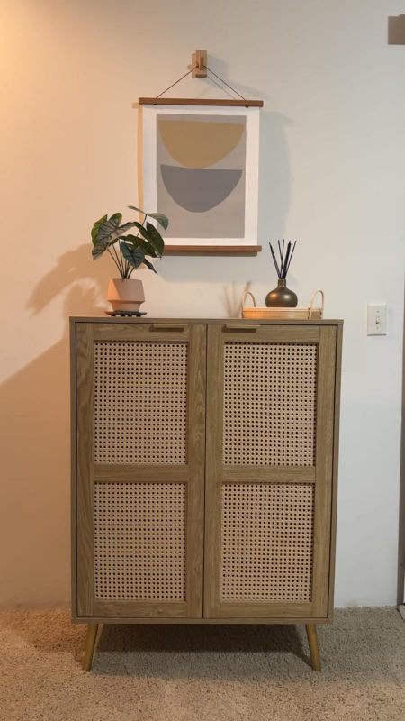 Anmytek 44" H Tall Wood Rattan Cabinet, 2 Doors Sideboard Storage Cabinet, Entryway Cabinets, Accent Cabinet with Adjustable Shelves