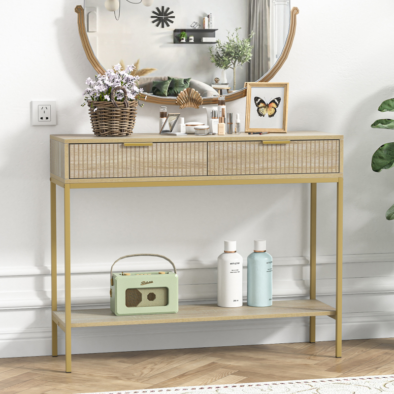 Anmytek Console Table with Storage, Wood Entryway Table with 2 Drawers, Narrow Long Sofa Table Hallway Foyer Table with Storage Shelves Behind Couch Table for Living Room, H0117