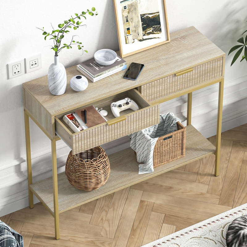 Anmytek Console Table with Storage, Wood Entryway Table with 2 Drawers, Narrow Long Sofa Table Hallway Foyer Table with Storage Shelves Behind Couch Table for Living Room, H0117