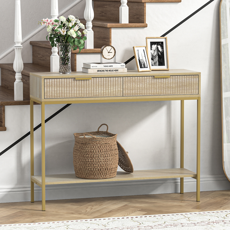 Anmytek Console Table with Storage, Wood Entryway Table with 2 Drawers, Narrow Long Sofa Table Hallway Foyer Table with Storage Shelves Behind Couch Table for Living Room, H0117