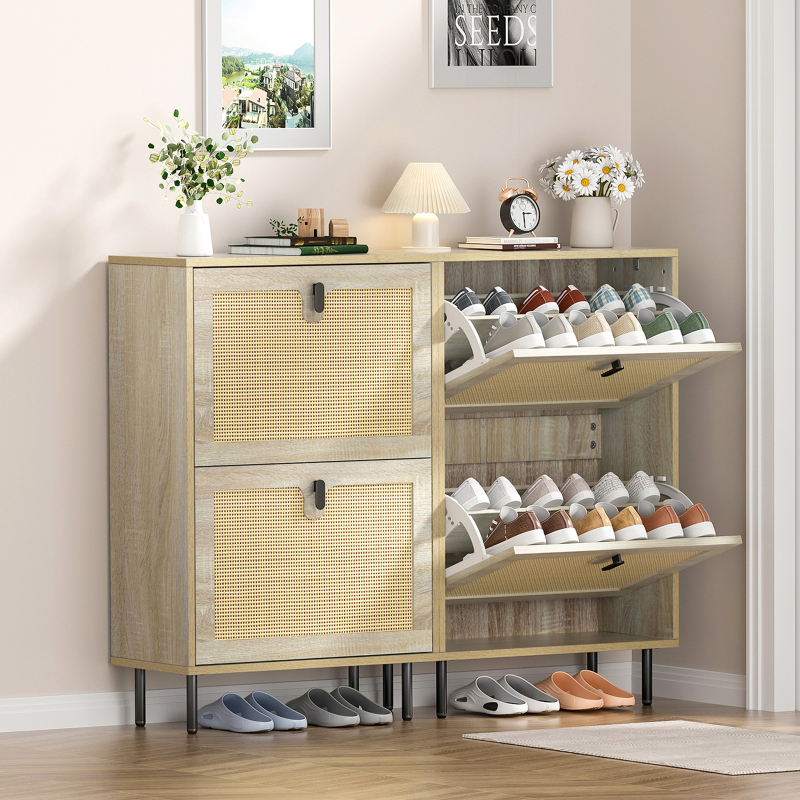 Anmytek Natural Rattan Shoe Cabinet with 2 Flip Drawers, Entrance Hallway Free Standing Shoe Racks Cabinet, Entryway Wooden Shoe Storage Cabinet for Living Room for Heels,Boots,Slippers, S0007