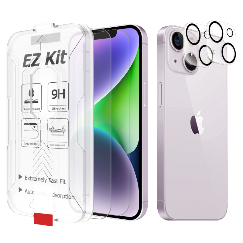 Tempered Glass Screen Protector Compatible with iPhone 14 (6.1 inch, 2022) with Camera Lens Protector, [9H Hardness] [EZ Kit] [Automatic Alignment] [C