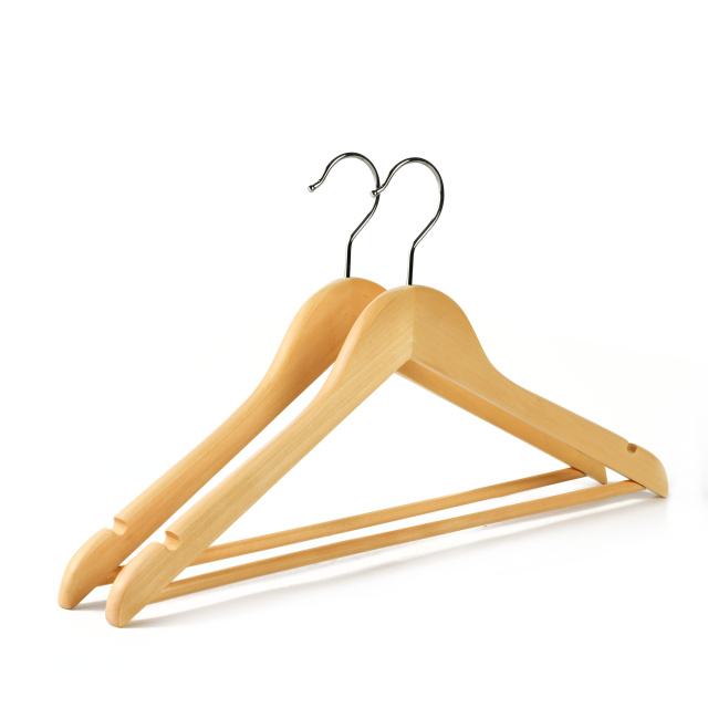 Premium Wooden Suit Hangers Smooth Natural with Shoulder Grooves and Pants Bar