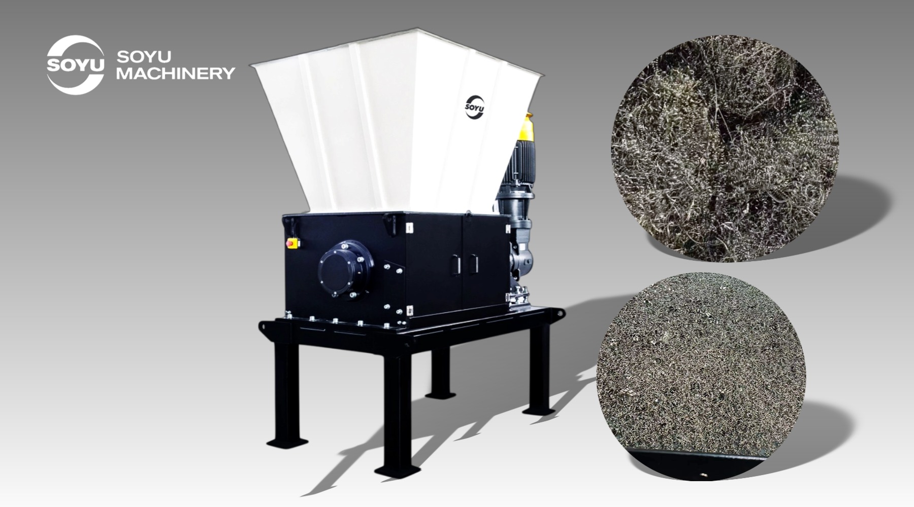 SOYU Machinery high-torque metal turnings crushing machine showing raw balled-up scrap metal shavings input.