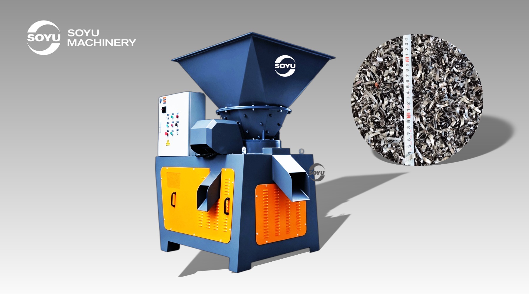 SOYU metal chips shredder output shredding size comparison with a tape measure showing uniform steel shavings