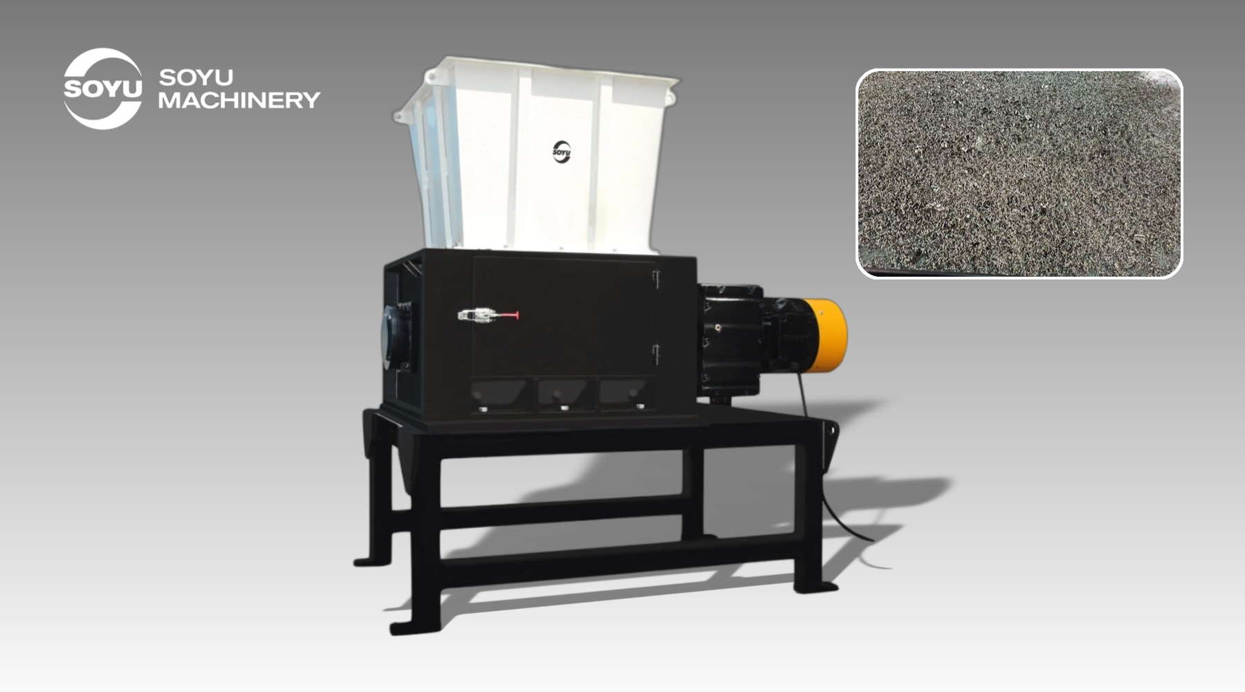 SOYU heavy-duty industrial metal chips shredder with a close-up of uniform shredded steel and iron savings output