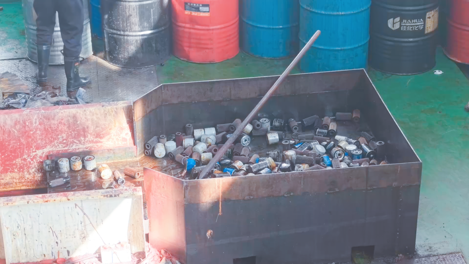 Used oil filter recycling equipment at a project site in Ningbo