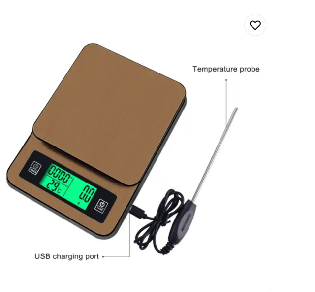 Newly launched gold stainless steel 3kg/0.1 hand brewed coffee scale with temperature probe timer