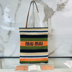 MIU MIU Raffia-effect Woven Tote Bag