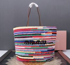 MIU MIU Raffia-effect Woven Tote Bag