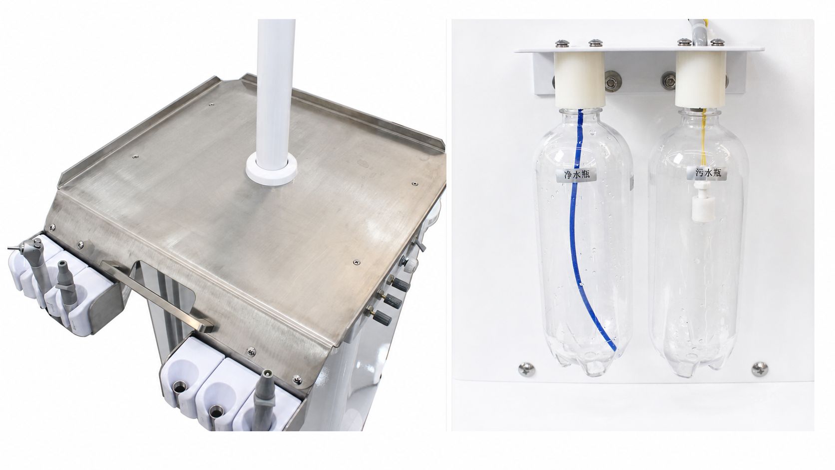 Stainless steel tabletop, clean water bottle and waste water bottle on a veterinary dental cart