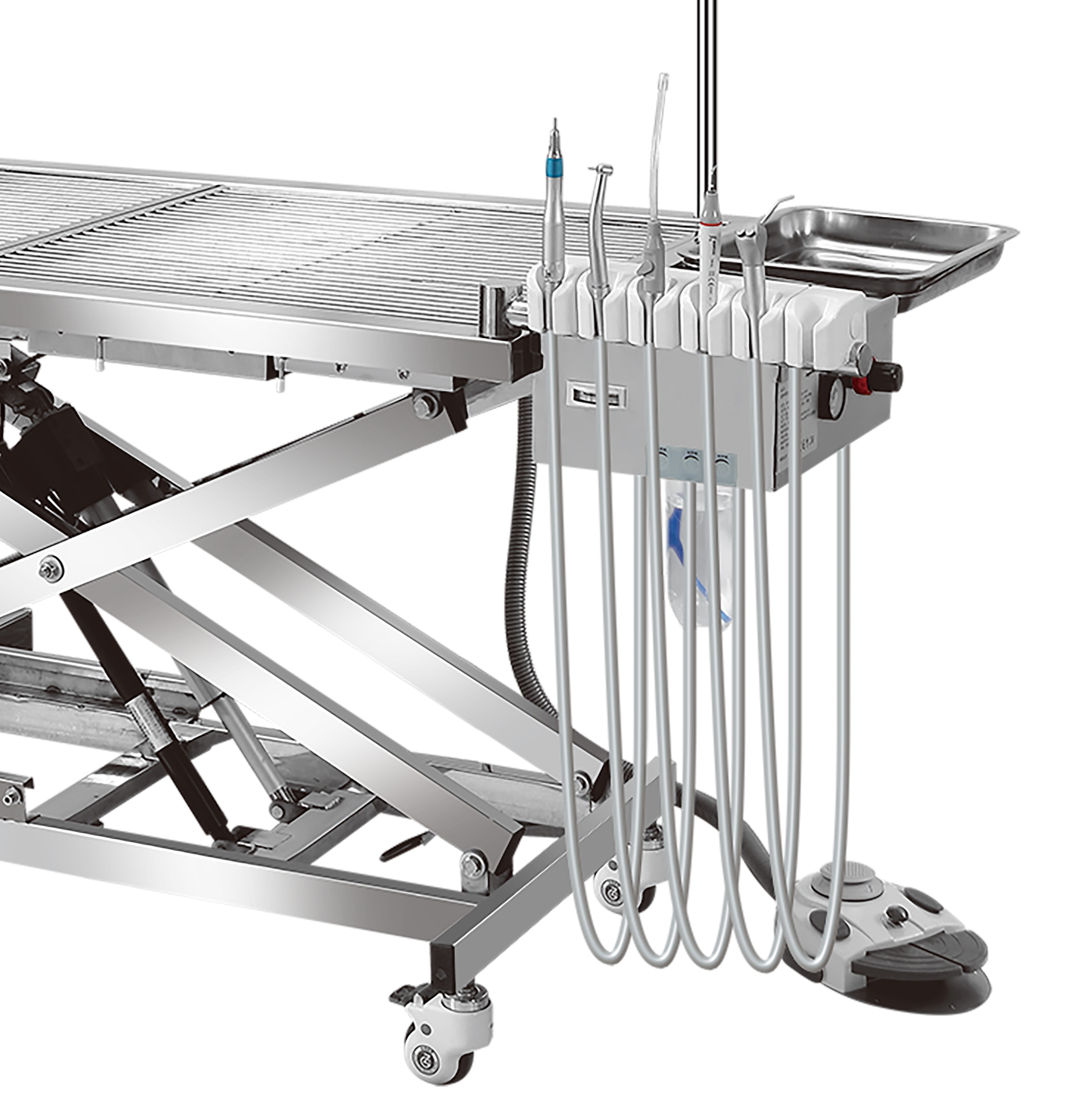 Electric height adjustment and tabletop of an integrated veterinary treatment table