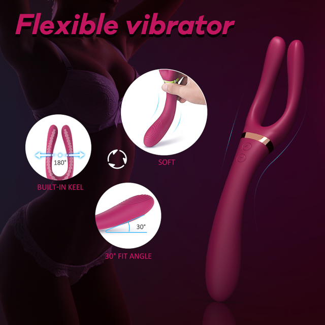 Claret Red Big Bendable Forked Vibrator for Men Penis Stimulation or Women Clitoris Massage with 3 Motor 9 Speeds