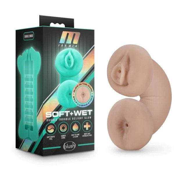 2 in 1 M for Men Soft & Wet Double Trouble Glow in the Dark Realistic Vanilla Pocket Pussy Masturbator / Stroker