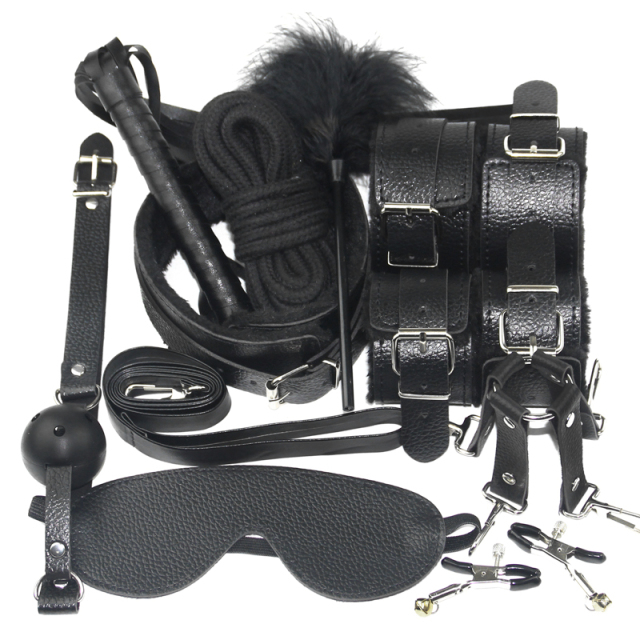 Fluffy Bondage 10 pc Set for Couples Handcuffs Footcuffs Mouth Plug Whip Rope Eye Mask Tickled Whip
