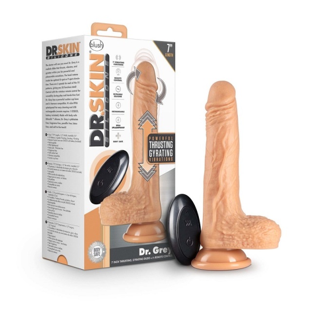 Luxury Blush Silicone Dr. Grey Vanilla 7.75-Inch Long Rechargeable Thrusting & Vibrating Dildo With Remote Control