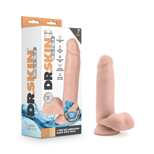 USA Brand Blush Dr. Skin Glide Realistic Vanilla 7-Inch(17.8cm) Long Dildo Self Lubricating With Balls & Suction Cup Base