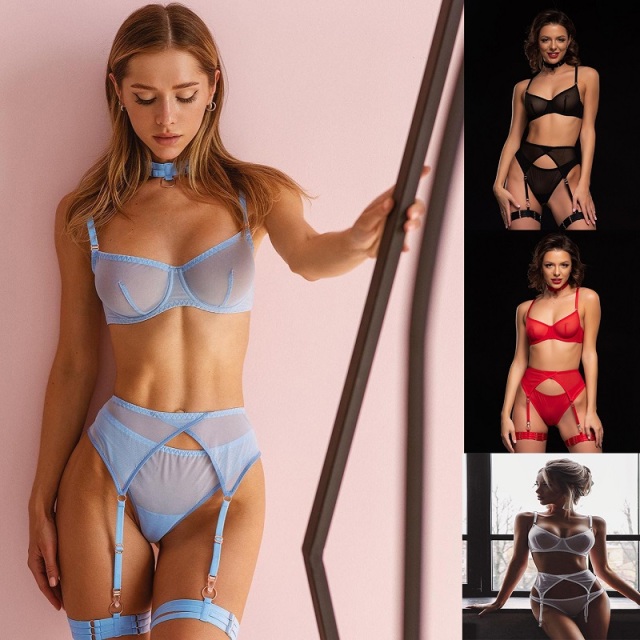 Wholesale Sexy Lingeries Set Exotic Underwear With Garter Belt Mesh Hollow Bra Panty Outfits Sets Women Erotic Nightwear