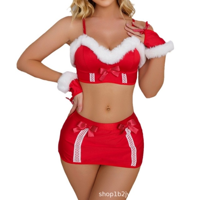 Wholesale 3 in 1 Women's Sexy Santa Christmas Lingerie Set with Garter Belts Lace Nightdress Underwear