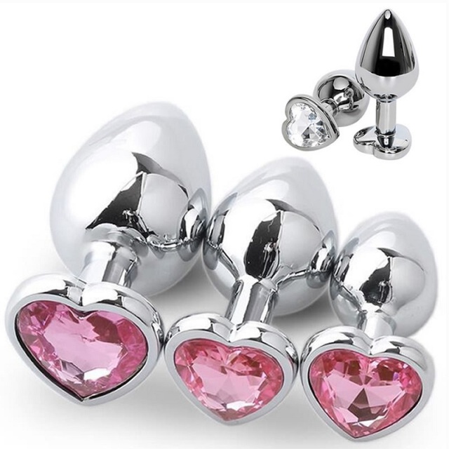 Wholesale Stainless Steel Heart Shaped Base Anal Plug Set Jewel Butt Plug 3 PCS Small Medium Large