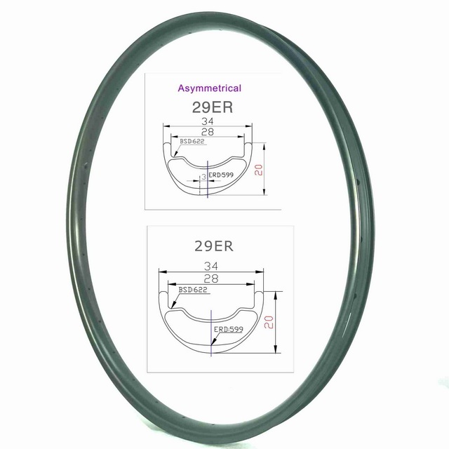Super Light Low Profile 29ER MTB Carbon Rims 34mm External Width 20mm Height Tubeless Hookless, Asymmetrical or Non Asymmetrical