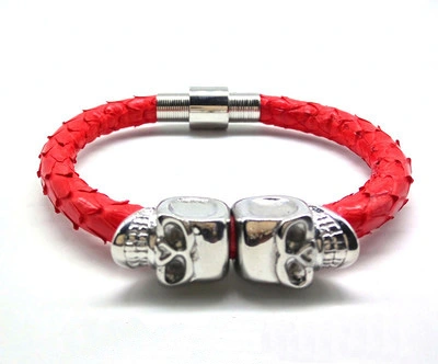 Stainless steel Skull bracelet  with Genuine Stingray skin leather cord