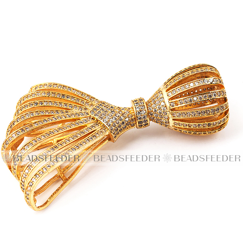 Hallow bowknot tassel head Micro paved , Clear CZ Micro Pave finding for Beading,gold/rose gold/white gold plated, 66mm 1pc