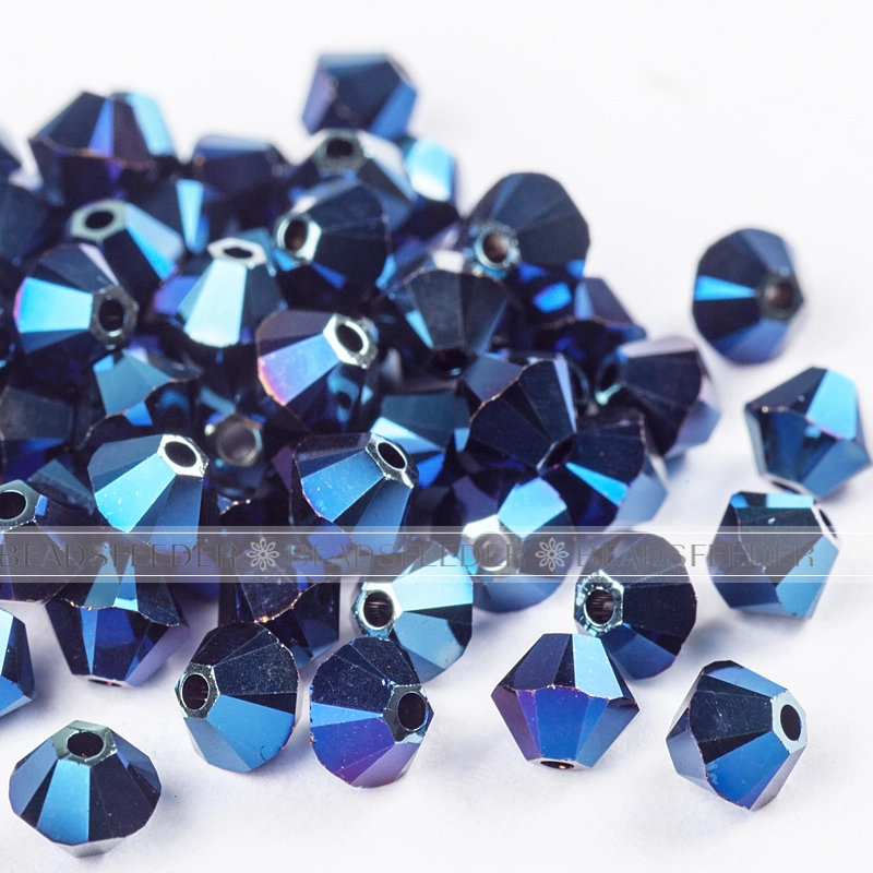 50pcs Austrian Crystal Beads, 5301/5328 4mm, Bicone beads ,Crystal Metallic Blue 2x / 001MEBL2X，Size: about 4mm long, 4mm wide, Hole: 1mm