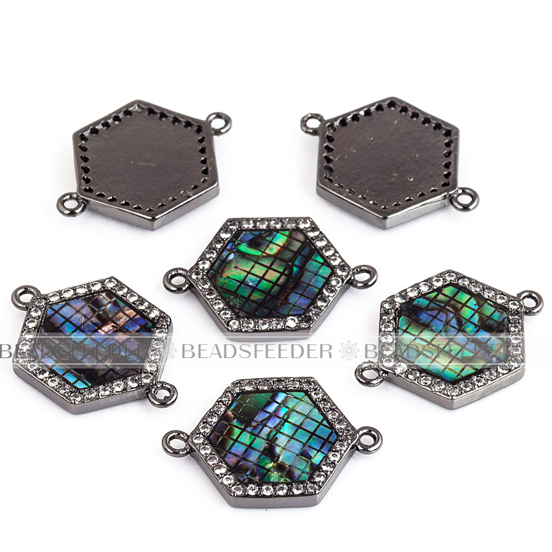 Hexagon shape ring link connector，with abalone shell chips，clear cubic zirconia CZ micro pave , space connector ,19x13mm