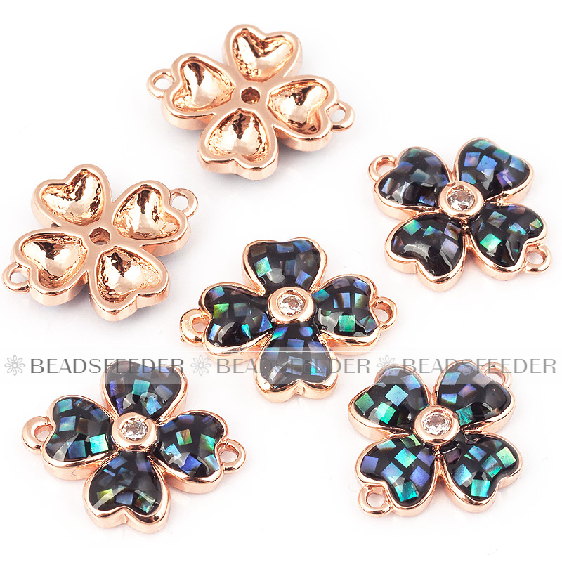 Clover flower connector，with abalone shell chips，clear cubic zirconia CZ micro pave , space connector ,14x12mm