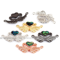 Twin swan with heart connector，with abalone shell chips，clear cubic zirconia CZ micro pave , space connector ,28x14mm