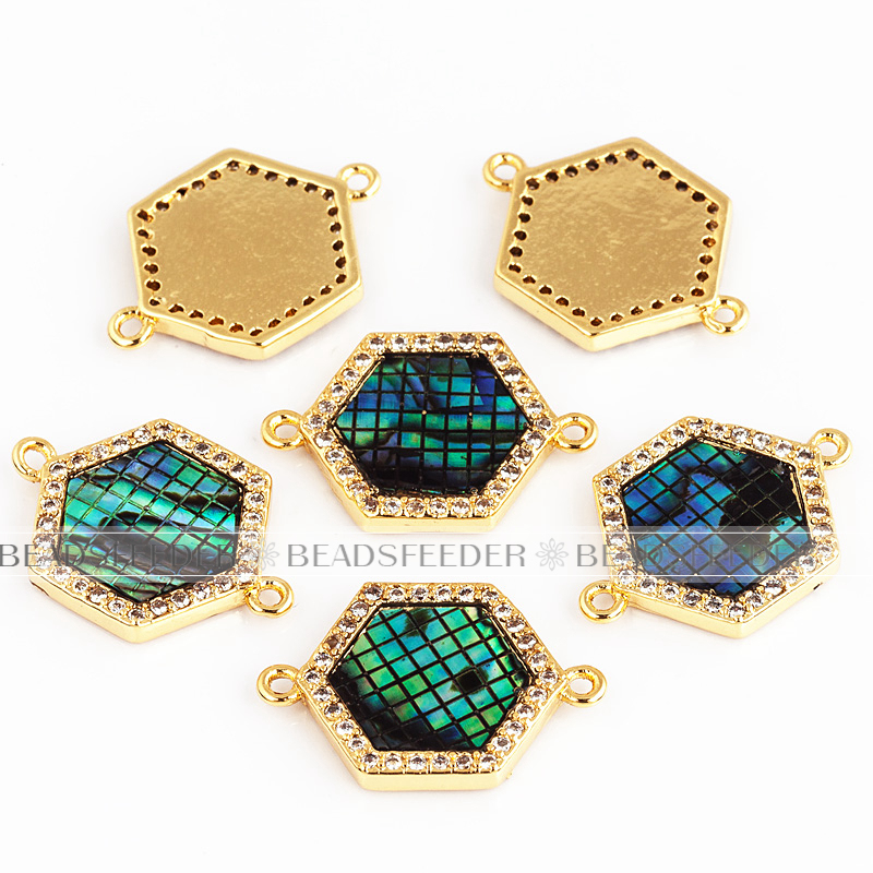 Hexagon shape ring link connector，with abalone shell chips，clear cubic zirconia CZ micro pave , space connector ,19x13mm